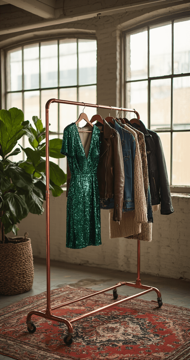 An industrial loft space featuring an emerald sequin mini dress on a copper clothing rack, surrounded by leather jackets, denim, and knitwear, with a vintage Persian rug and a fiddle leaf fig, illuminated by soft afternoon light through factory windows.