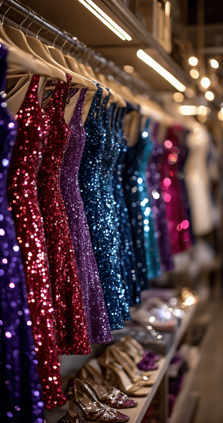 Close-up of a boutique rack featuring jewel-toned sequin mini dresses in ruby, sapphire, and amethyst, illuminated by soft evening lighting. Luxurious details like sequin placement and linings are highlighted, with elegant accessories displayed nearby.