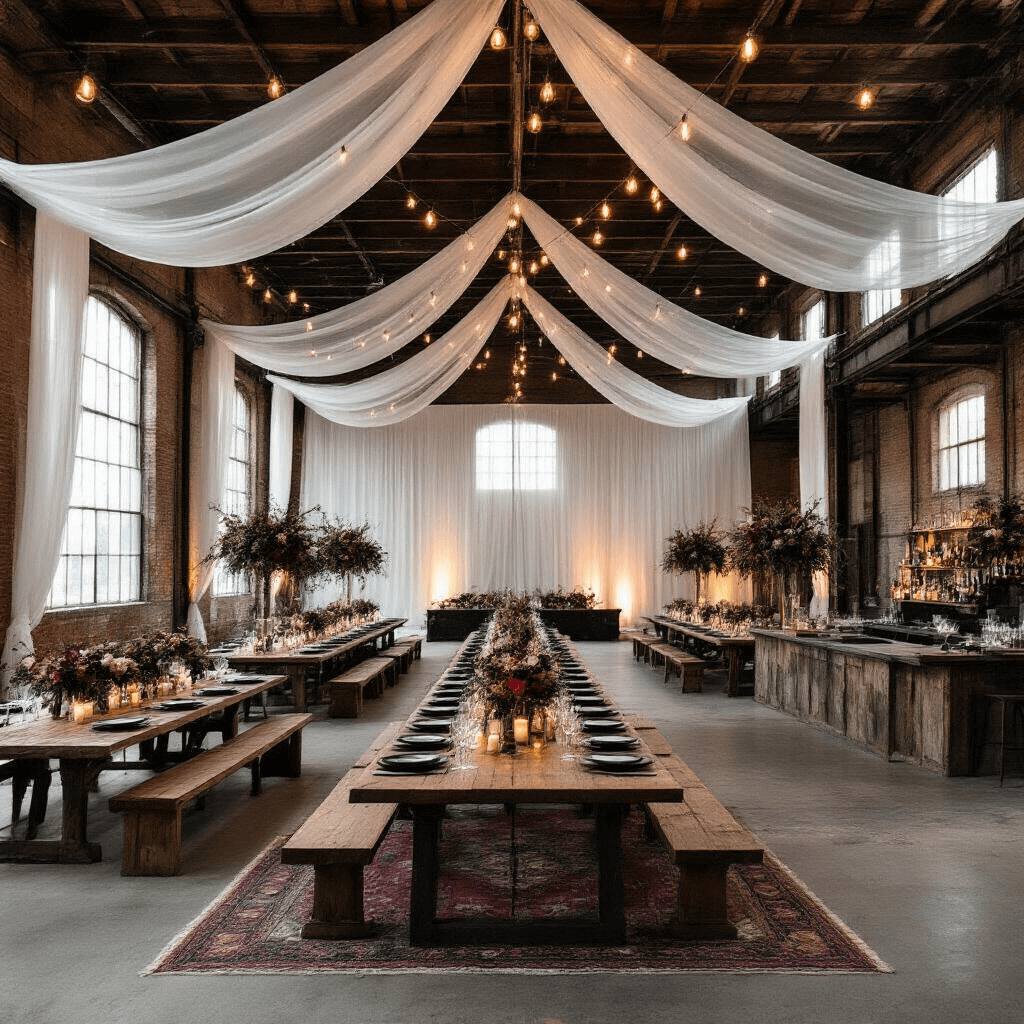 Decoding the "House of Balloons" Aesthetic: A Deep Dive into Urban Melancholy An abandoned warehouse transformed into an ethereal event space with sheer white fabric draped from high ceilings, raw wood communal tables set with matte black plates and crystal glasses, dark floral centerpieces with pillar candles, warm Edison bulbs overhead, and a makeshift bar of reclaimed materials, all on a partially rug-covered concrete floor.