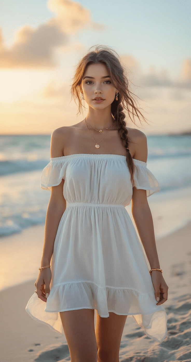 A model in a white off-shoulder skater dress stands barefoot in soft sand during sunset, with gentle waves behind her. Her dress flows gracefully in the breeze, complemented by minimal gold jewelry and a loose beachy braid, while the pastel-colored sky creates a romantic backdrop.