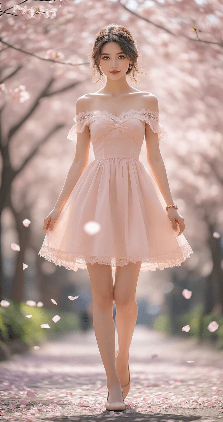 A model in a blush pink off-shoulder skater dress with lace trim walks through a cherry blossom park, surrounded by falling petals. She accessorizes with a rose gold bracelet and nude ballet flats, and her hair is styled in a soft updo with loose tendrils, all captured in dreamy natural light.