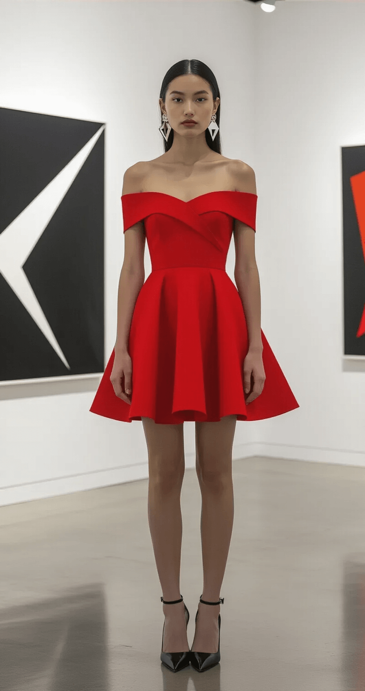 A woman in a vibrant red off-shoulder skater dress stands against sleek white gallery walls, showcasing contemporary black and white artwork. She accessorizes with geometric earrings and pointed heels, while dramatic track lighting casts bold shadows, highlighting the striking colors and clean lines of the scene.
