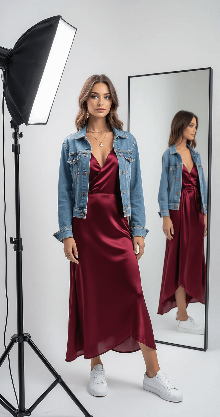 A split-screen image of a modern boutique dressing room showcasing a burgundy satin slip dress styled two ways: casually with white sneakers and a denim jacket on one side, and elegantly with gold jewelry and heels on the other. The professional lighting highlights the dress's versatility.