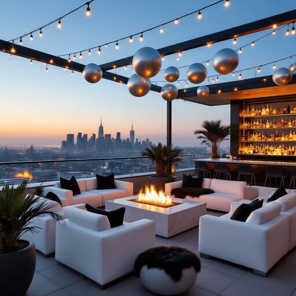 Decoding the "House of Balloons" Aesthetic: A Deep Dive into Urban Melancholy A rooftop terrace at dusk featuring sleek white lounge furniture, a central fire pit, abstract metal balloon sculptures, a marble bar with ghost chairs, illuminated liquor bottles, and tropical plants, all adorned with a canopy of string lights against a glittering city skyline.