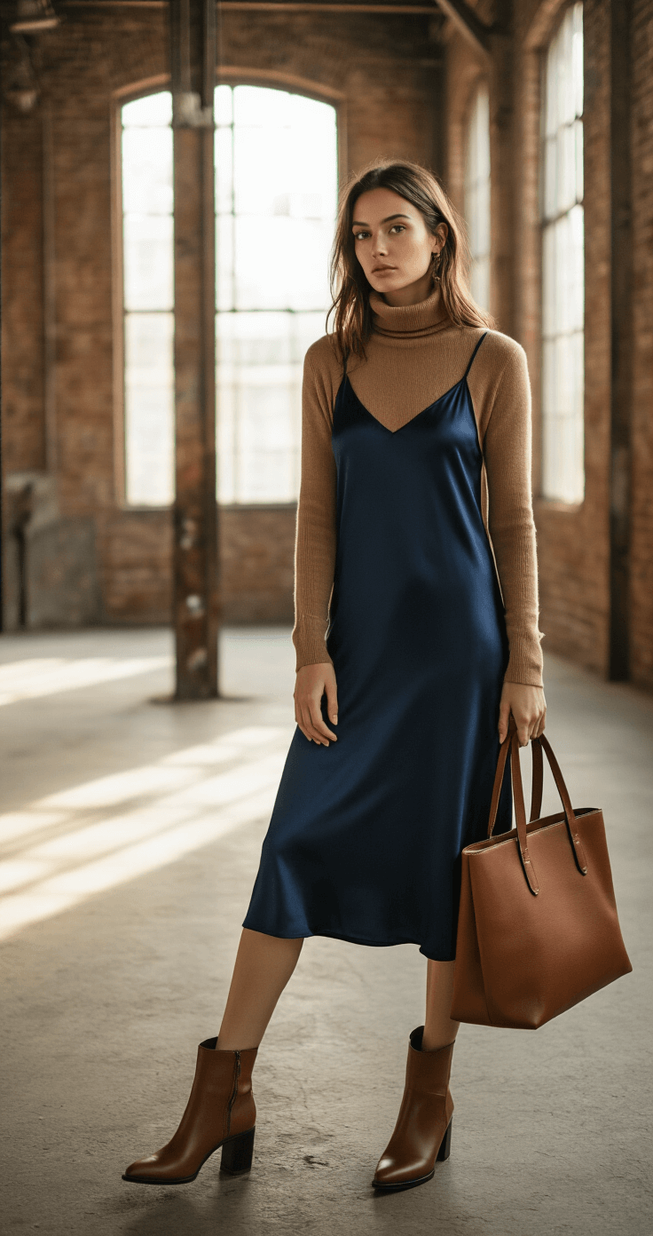 A model wearing a navy satin slip dress layered over a camel cashmere turtleneck stands in an industrial-chic loft, the late afternoon light streaming through a window, complemented by ankle boots and a structured leather tote, with architectural details in the background.
