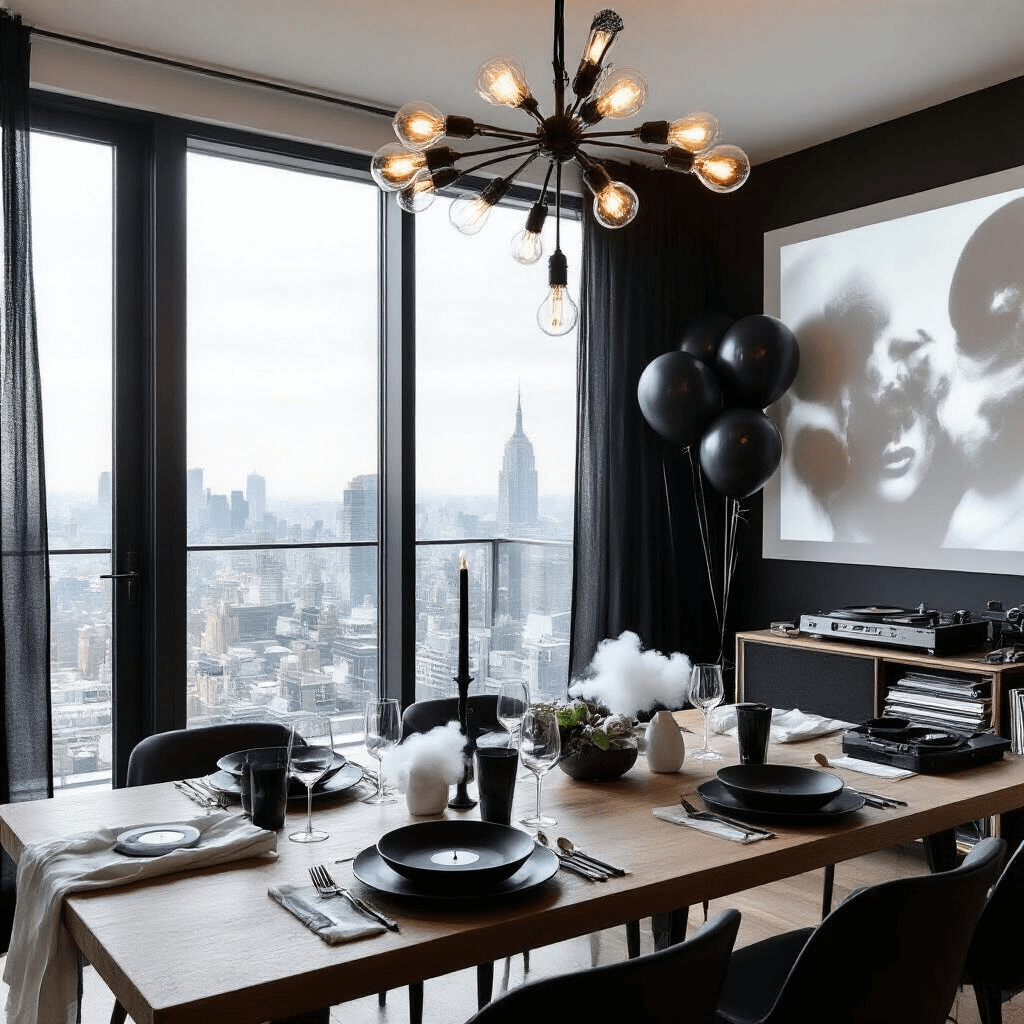 Decoding the "House of Balloons" Aesthetic: A Deep Dive into Urban Melancholy A chic, minimalist apartment set for an intimate gathering, featuring floor-to-ceiling windows with sheer black curtains, a long dining table with white linens and black dinnerware, a modern chandelier with exposed bulbs, a wall displaying abstract black and white visuals, a vintage record player in the corner, and large black balloons filled with white smoke.