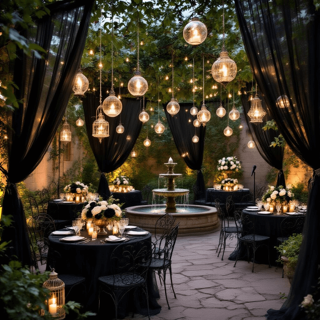 Decoding the "House of Balloons" Aesthetic: A Deep Dive into Urban Melancholy A moonlit secret garden courtyard adorned with candles, wrought iron furniture draped in black fabric, and centerpieces of black roses and white lilies. Delicate glass orbs hang in trees, casting a magical glow, while a shimmering stone fountain and vintage birdcage lanterns enhance the enchanting atmosphere. A small stage, featuring a microphone stand and fairy lights, is set for an acoustic performance.
