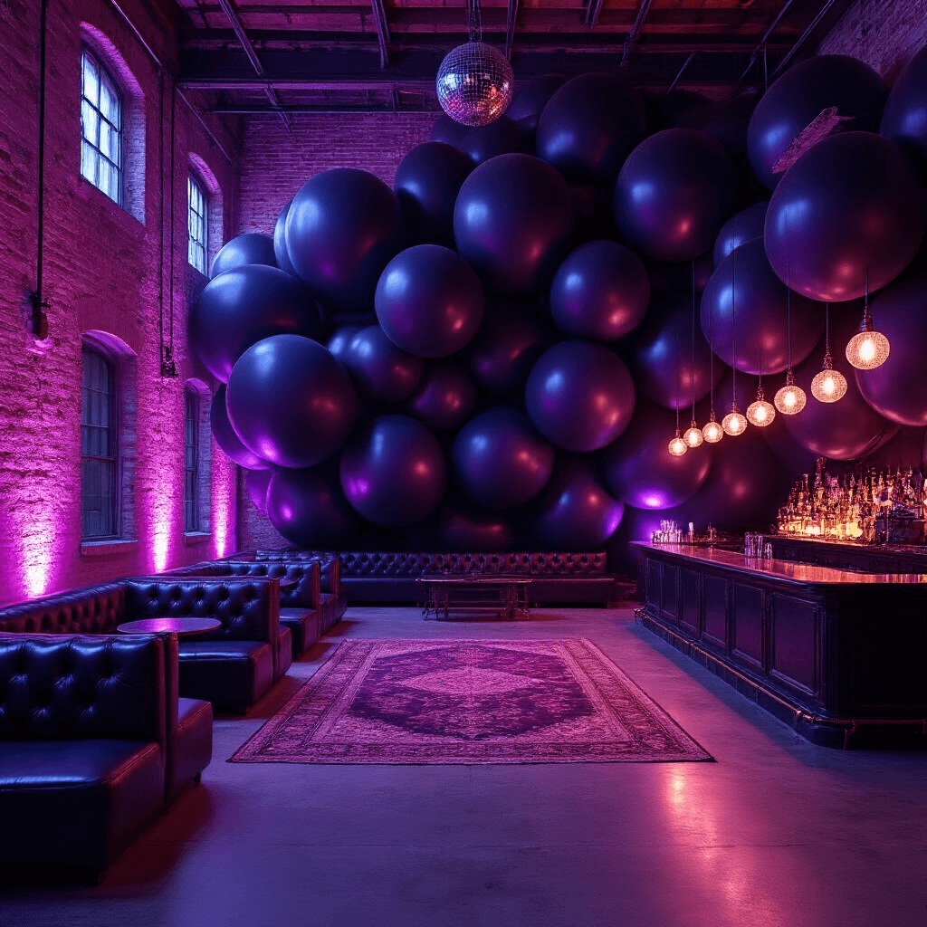 A vibrant nightclub interior showcasing a converted warehouse with exposed brick walls illuminated in deep purple light, featuring a large black balloon installation, leather banquettes, a gleaming metallic bar, and a vintage disco ball casting reflections over the dance floor.
