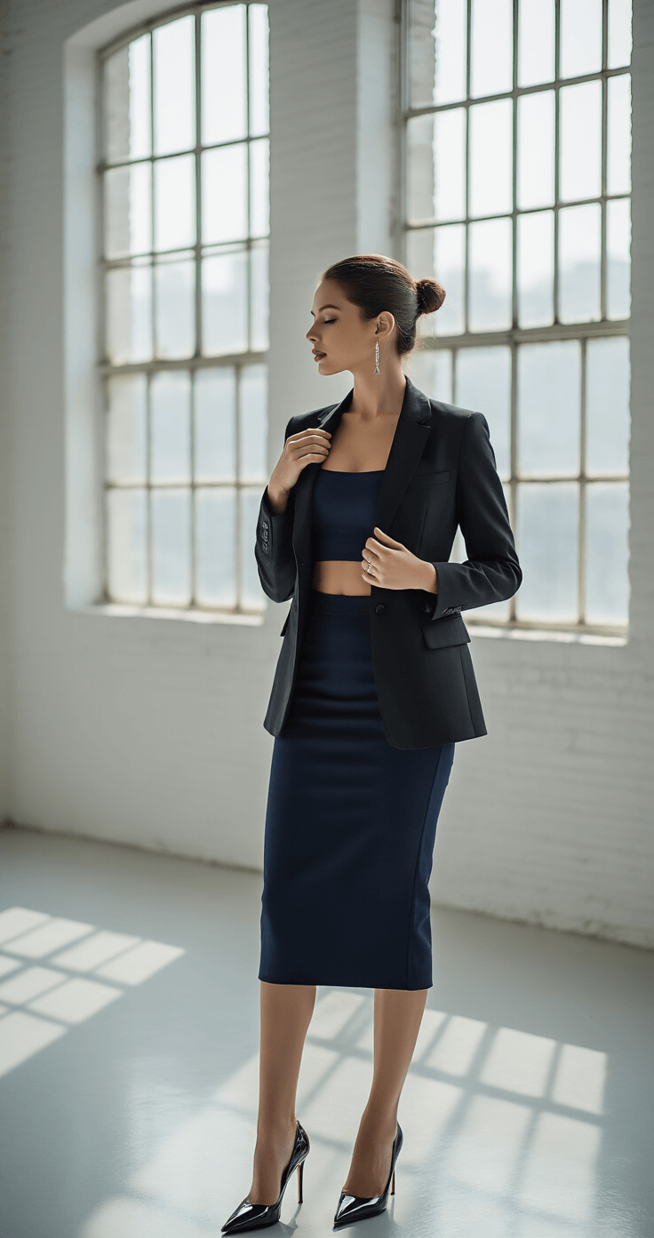 A woman adjusts her fitted black blazer over a navy crop top and pencil skirt in a minimalist white studio with large industrial windows. Patent leather pointed-toe pumps and silver minimal jewelry are visible, complemented by her sleek low bun hairstyle.