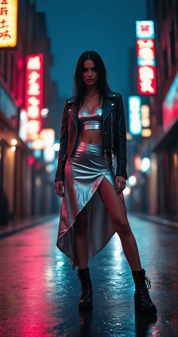 A fashion model poses in a metallic silver crop top and asymmetric skirt set, paired with a black leather moto jacket and combat boots, against a moody evening cityscape illuminated by neon lights and reflecting on wet streets. The dramatic street lighting highlights the urban glamour of the scene.