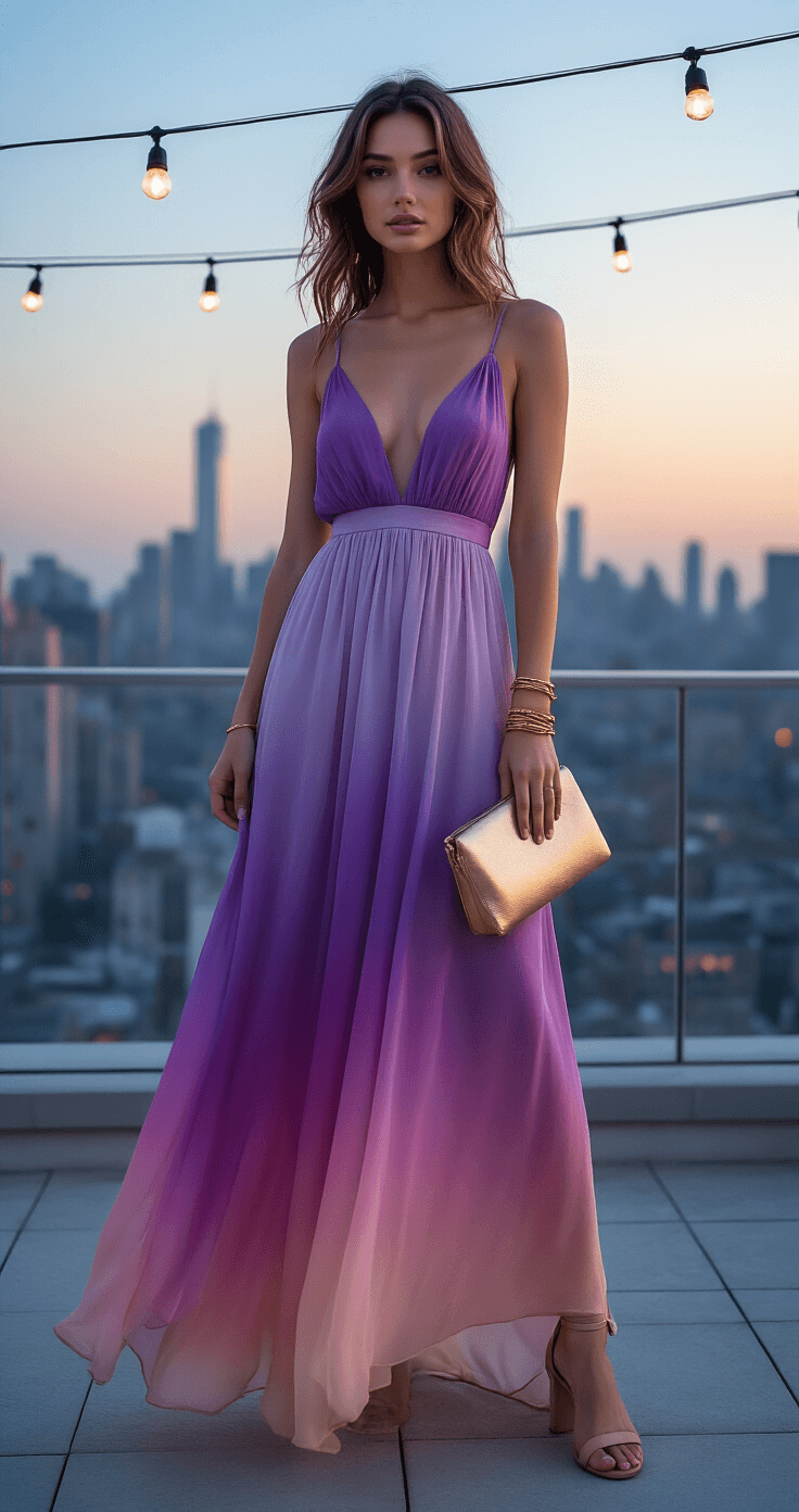 A model in a purple-to-pink gradient maxi dress stands on an urban rooftop terrace at dusk, with the city skyline in the background. The soft evening light highlights the dress's silk chiffon texture, paired with nude strappy heels and delicate gold bracelets. Her loose wavy hair catches the breeze, and string lights add ambiance to the modern architectural setting.
