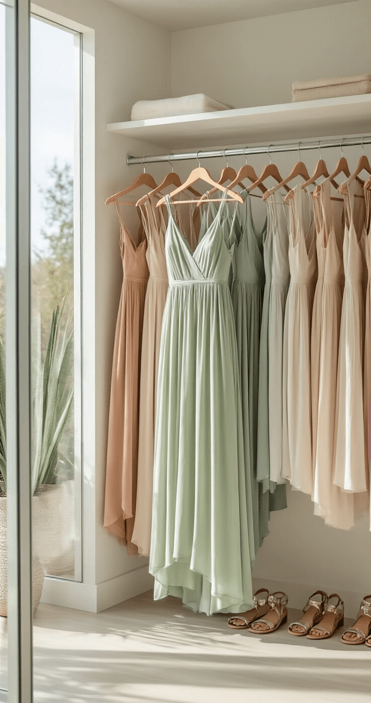 Light-filled minimalist dressing room showcasing an organized rack of ombré maxi dresses, with a sage-to-cream dress on a premium wooden hanger. A crystal-clear mirror reflects the dress details, while natural light pours in through floor-to-ceiling windows. Below, a curated collection of neutral accessories and metallic sandals is neatly arranged.