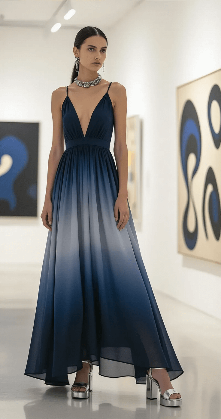 A model stands against a white wall in a modern art gallery, wearing a dramatic navy-to-silver ombré maxi dress. The scene is illuminated by museum spot lighting, creating intentional shadows and highlights on the fabric. She is styled with architectural silver jewelry and metallic platform sandals, with abstract art pieces visible in the background. The image has a clean, editorial composition captured with a 35mm lens in sharp focus.