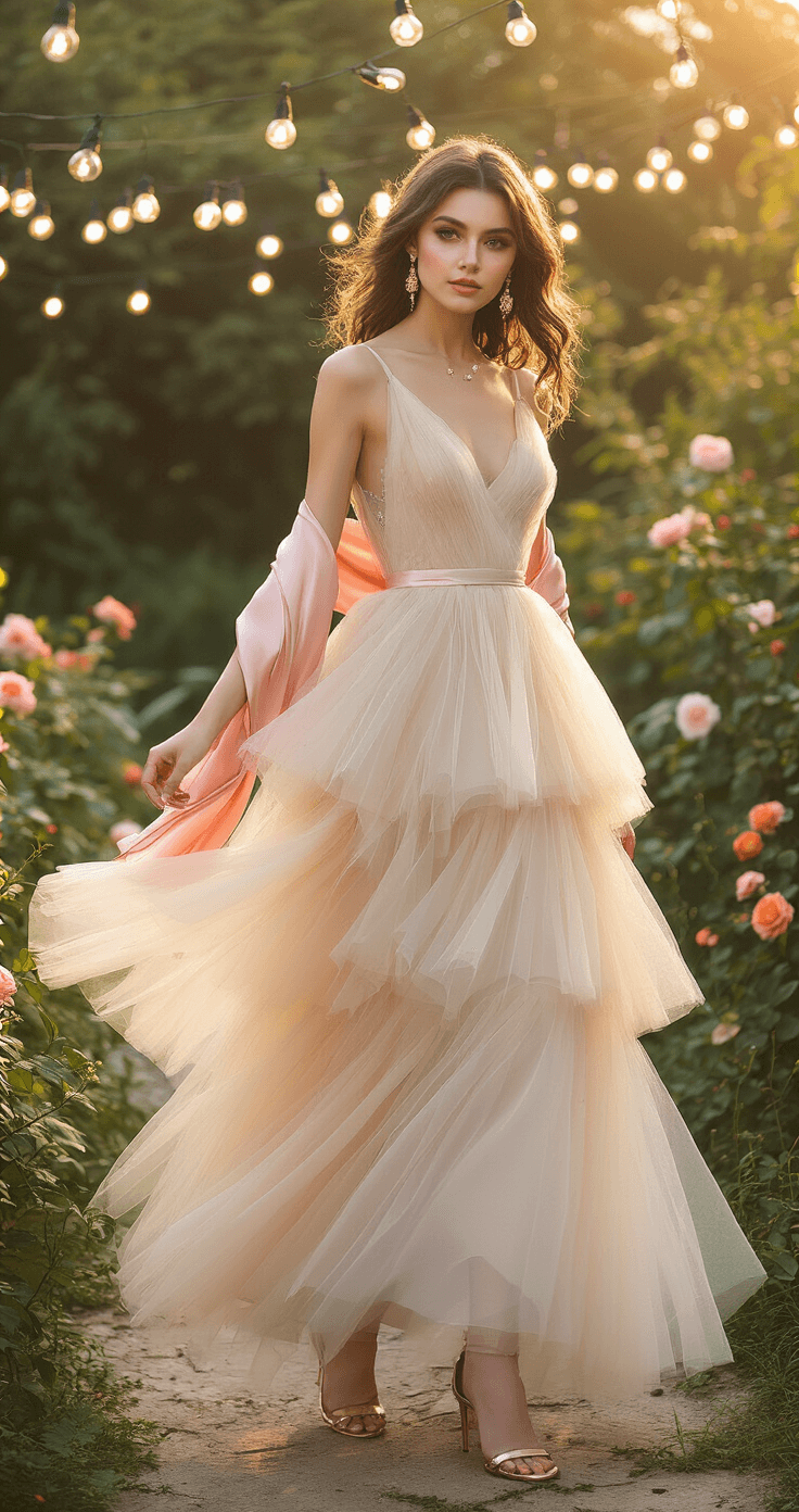A model in a champagne-colored tulle gown with multiple tiers and delicate beading twirls at a sunset garden party, surrounded by blooming flowers and string lights, wearing a soft pink silk scarf and rose gold accessories. The image captures the movement of the dress during golden hour, with warm lighting highlighting the scene.