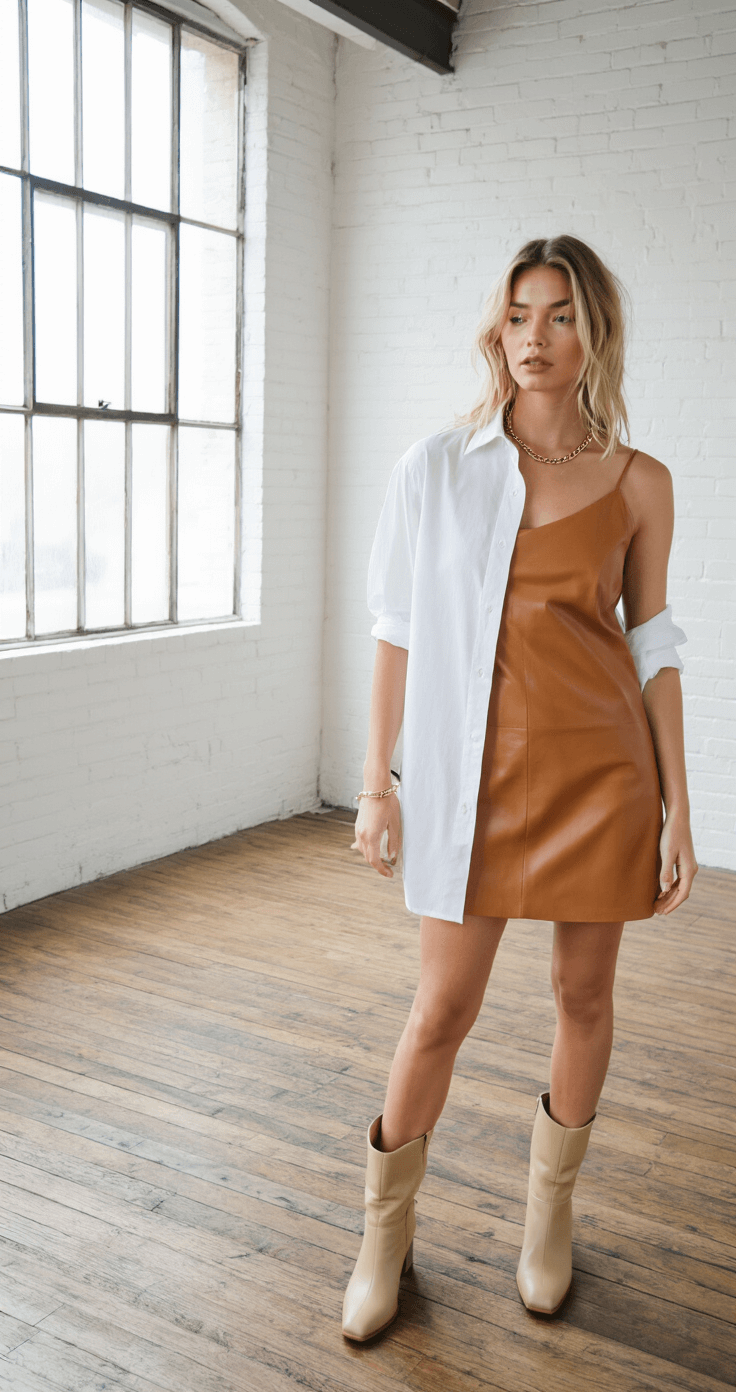 Styling a Leather Mini Dress Like a Fashion Pro A sunlit minimalist studio featuring white brick walls and wooden floors, showcasing a close-up of a fashion layering technique with a crisp white button-down shirt under a caramel leather mini dress, complemented by chunky beige ankle boots and delicate gold chain necklaces, all captured in soft focus with natural light from industrial windows.