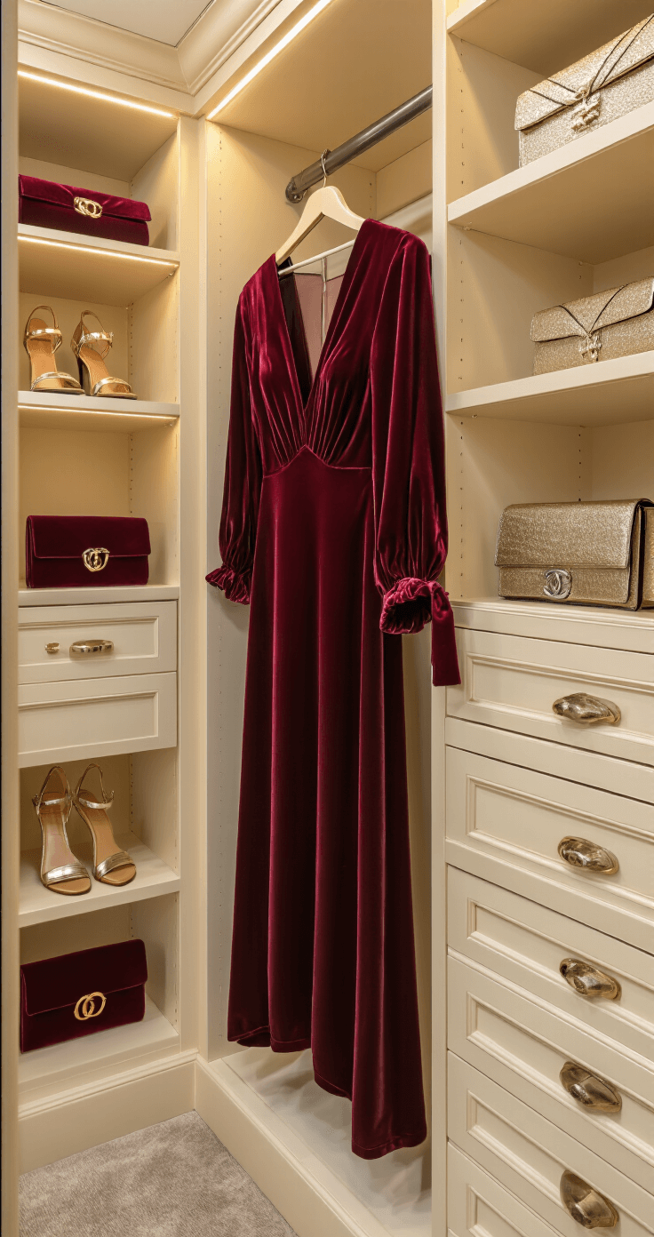 Close-up detail of a burgundy velvet balloon-sleeve dress on a velvet hanger in a warm LED-lit luxurious walk-in closet, showcasing intricate gathering at the cuff, with organized accessories including metallic strappy sandals, minimalist jewelry, and neutral-toned evening clutches adjacent to it.