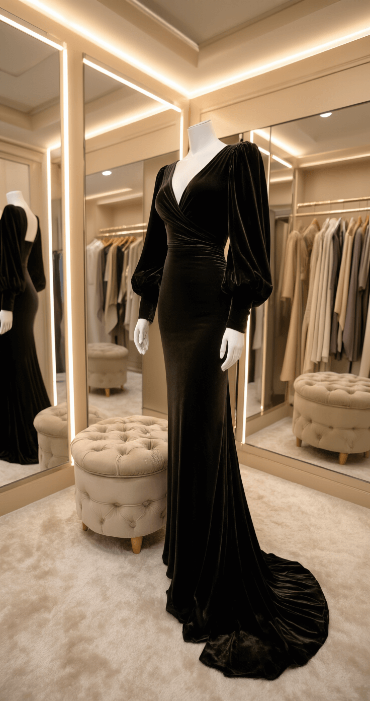 Intimate boutique dressing room featuring a black velvet balloon-sleeve dress reflected in a three-way mirror, with champagne-toned lighting, a tufted ottoman, and a rack of coordinating silk scarves and evening wear in the background. Close-up on fabric texture and seamless undergarments, captured with shallow depth of field.