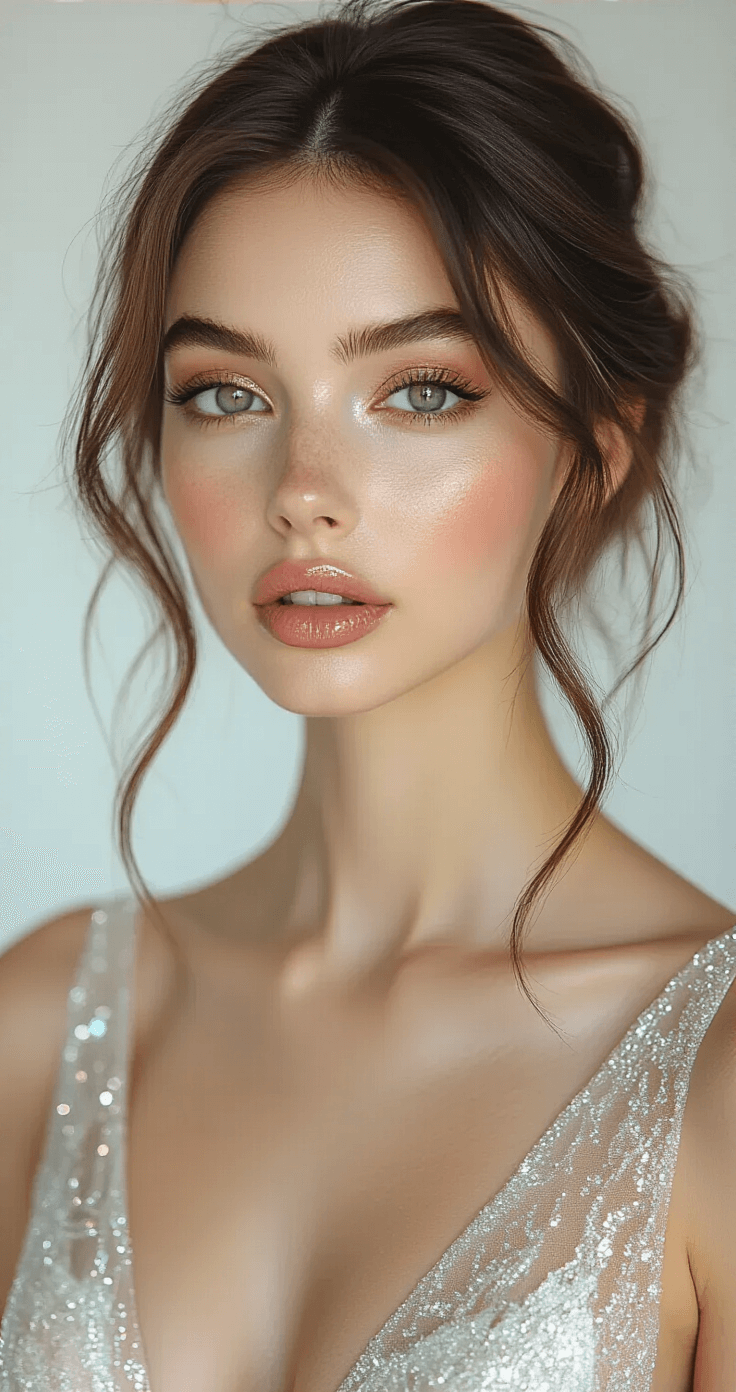 Close-up beauty shot of a model in a glittery gown, featuring dewy makeup, champagne eyeshadow, and glossy lips, with a focus on highlighted collarbones and shoulders. The elegant updo hairstyle accentuates the neckline against a pure white backdrop, illuminated with multiple light sources for perfect skin clarity. Shot with a 100mm macro lens at F2.8.