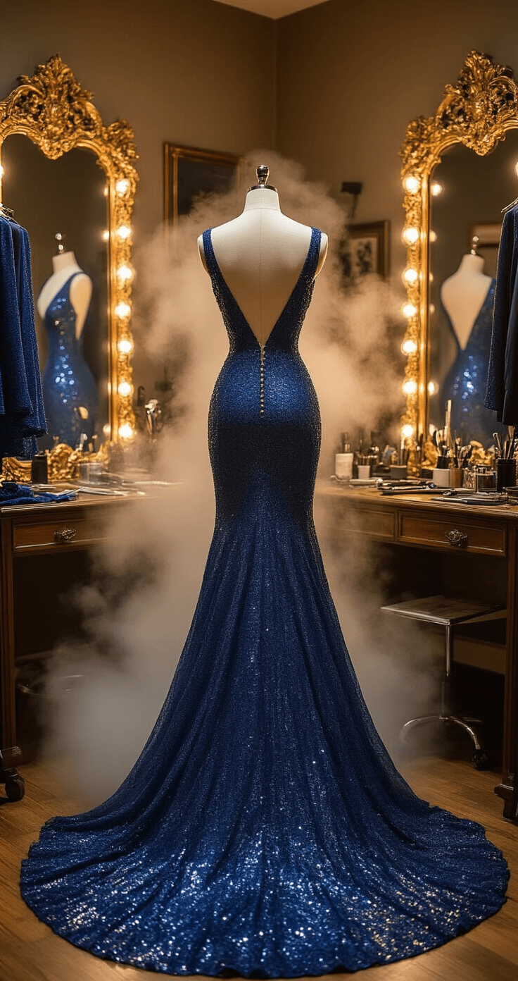 A vintage-inspired dressing room features ornate gold mirrors and warm lighting, capturing a behind-the-scenes moment of a sapphire blue glittery backless gown being steamed on a premium dress form, surrounded by styling tools and accessories, with a shallow depth of field emphasizing steam rising from the fabric.