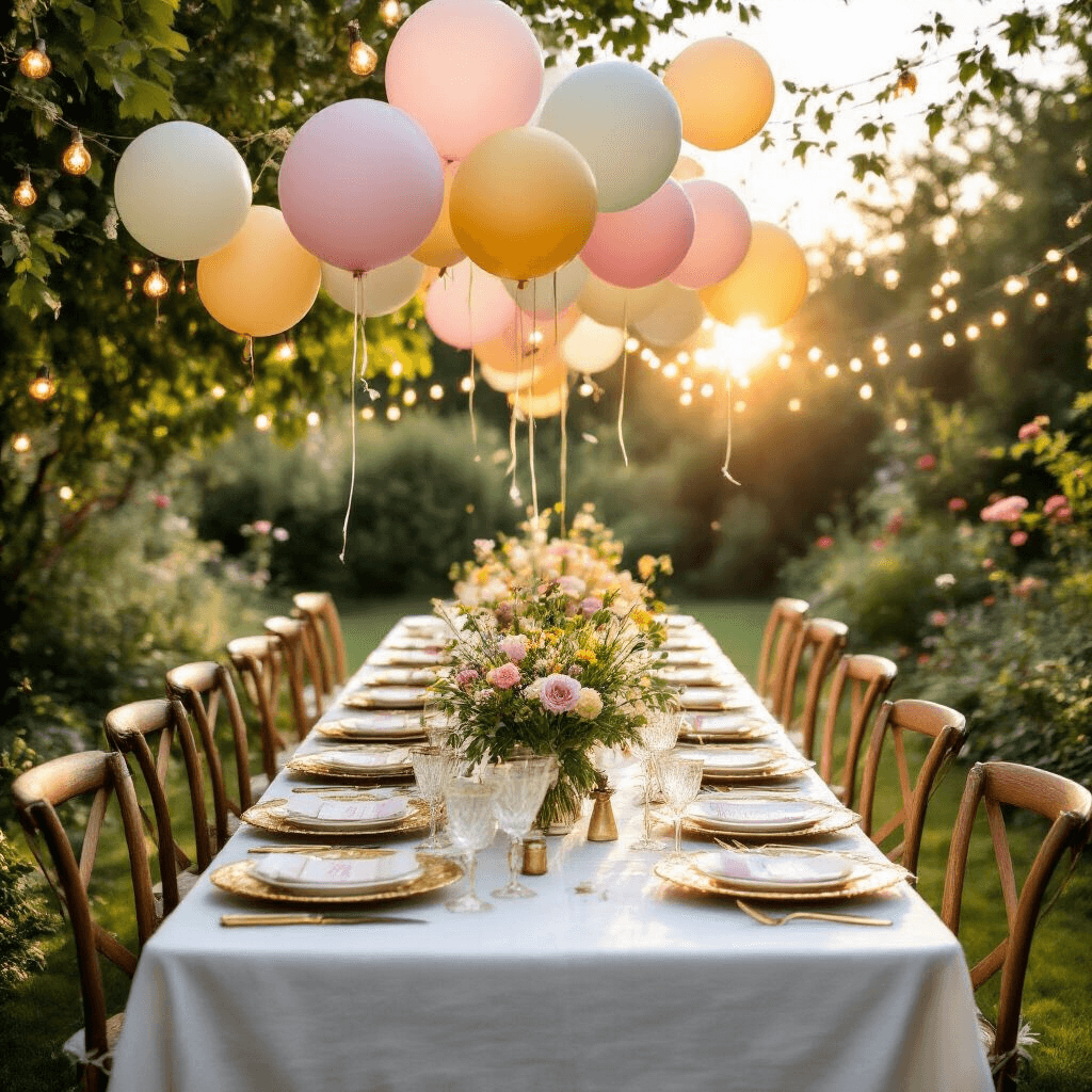A sunlit garden party features a long white linen table with gold-rimmed place settings, surrounded by vintage chairs, beneath a canopy of pastel flower balloons. Fairy lights twinkle amidst lush greenery and wildflower centerpieces as golden hour light enhances the magical atmosphere.