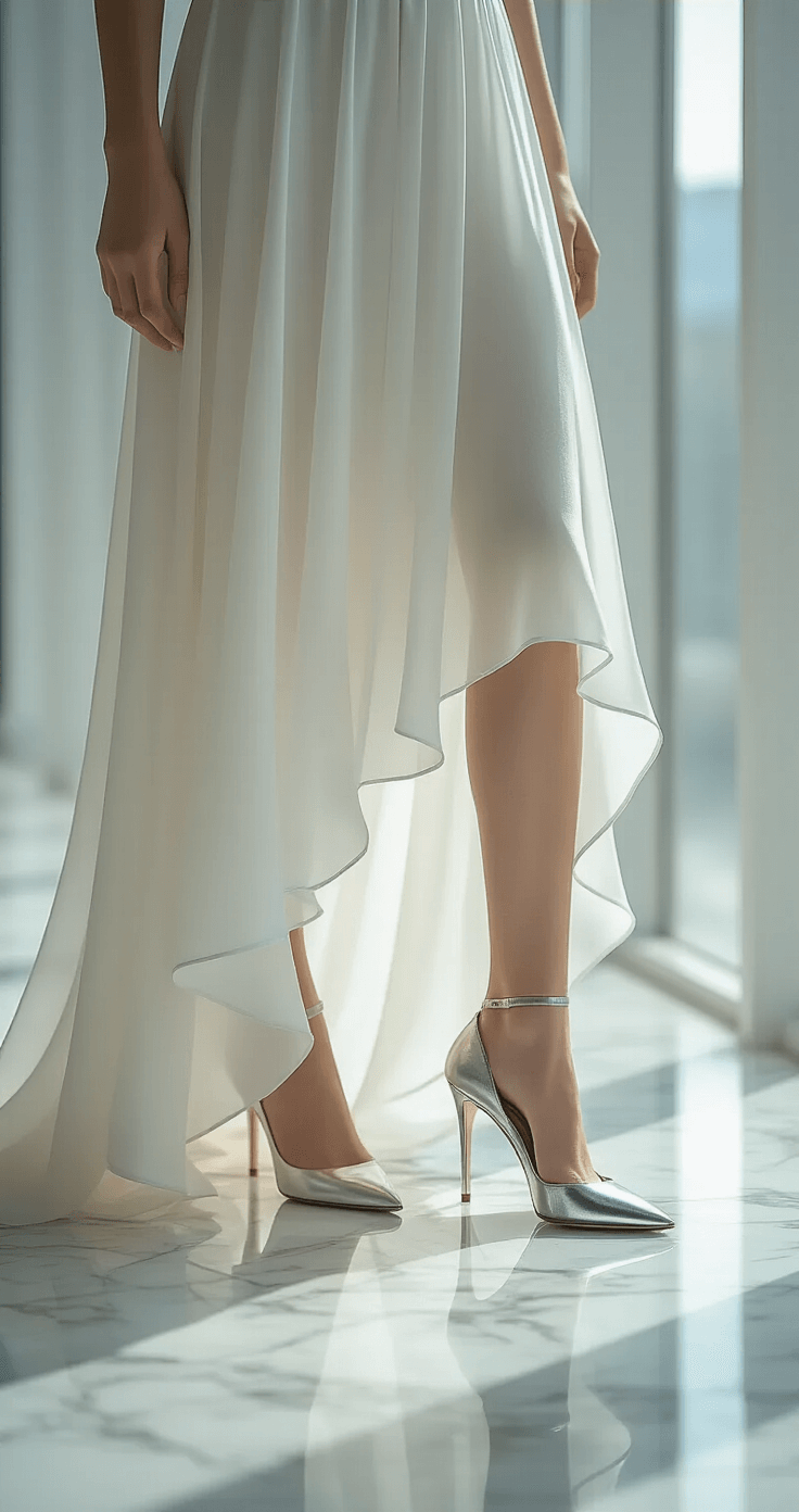 The Ultimate Guide to Rocking a High-Low Chiffon Birthday Dress: Your Complete Style Guide Close-up of a jewel-toned high-low dress hem in a minimalist studio, highlighting chiffon fabric layers and movement, with metallic silver stilettos partially visible, set against a marble floor reflecting mid-morning light.