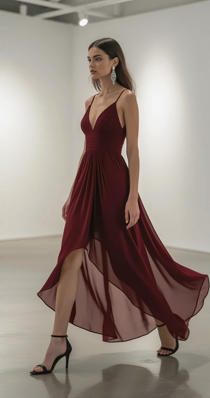 The Ultimate Guide to Rocking a High-Low Chiffon Birthday Dress: Your Complete Style Guide Model in a burgundy high-low chiffon dress with a flowing train, confidently walking in a modern art gallery with dramatic evening lighting, white walls, and polished concrete floors. Statement crystal earrings and black strappy heels accent the look. The shot captures the model from a side angle, emphasizing both the front of the dress and the elegant movement as she moves sideways.