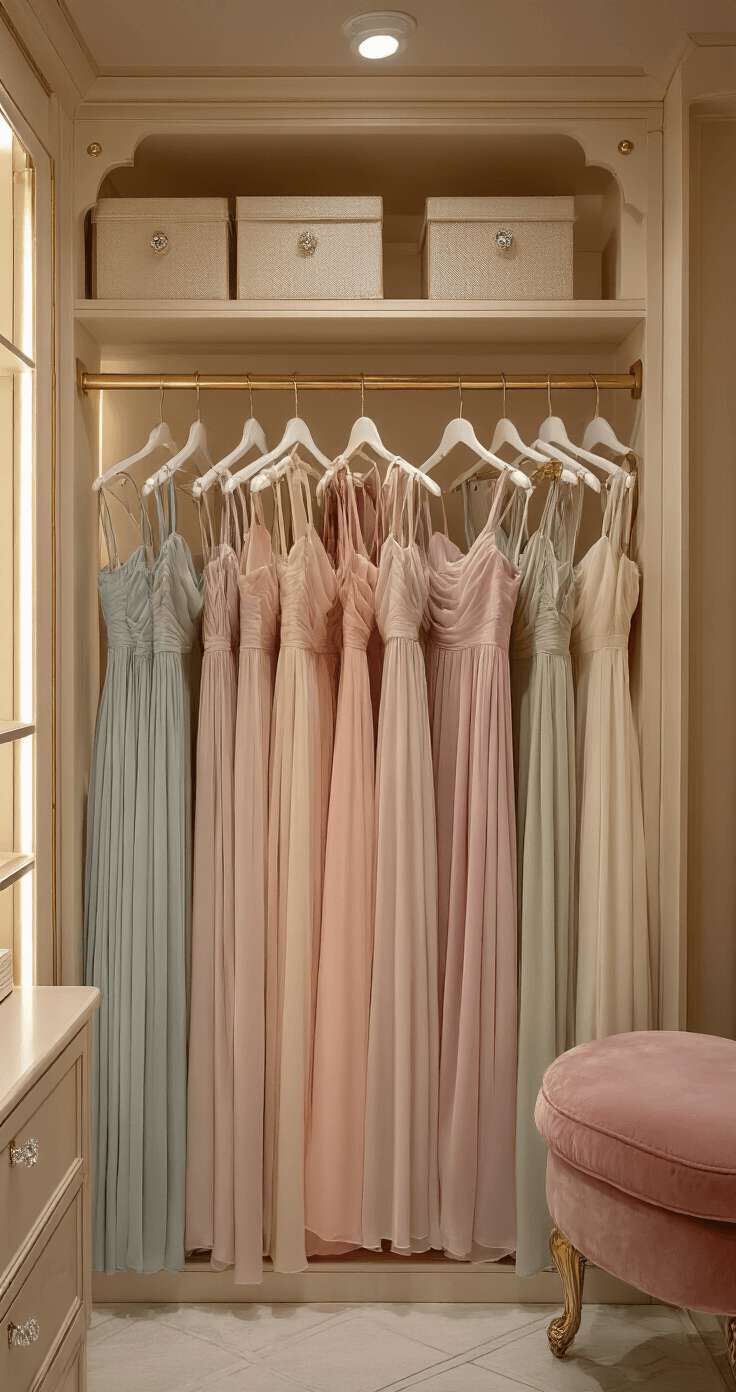 The Ultimate Guide to Rocking a High-Low Chiffon Birthday Dress: Your Complete Style Guide A luxurious boutique dressing room featuring a selection of high-low chiffon dresses in pastel shades, elegantly arranged on hangers. The scene is warmly lit, highlighting the fabric textures and color gradients, complemented by velvet seating and gilded mirror accents. Crystal drawer pulls add a touch of sophistication, captured in a wide-angle shot to showcase the full display.