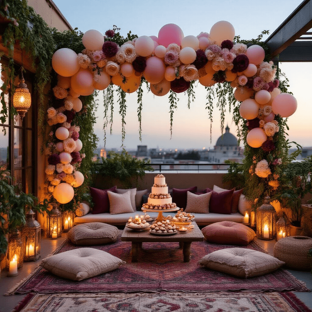 A cozy rooftop terrace at twilight decorated for a boho bridal shower, featuring low tables with plush cushions in jewel tones, flower balloon arrangements, Moroccan lanterns, and a dessert cart with pastries and a naked cake.