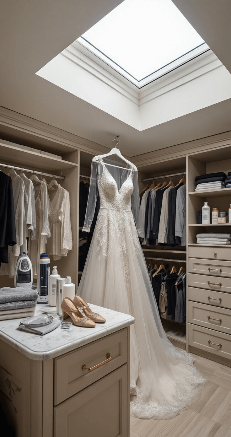 Bright, airy walk-in closet featuring a crystal mesh dress on a luxurious velvet hanger, surrounded by garment bags, a steamer, and specialized cleaning products, all bathed in natural light from a skylight above. The built-in island showcases flat lay styling elements, while close-up details enhance the overall presentation.