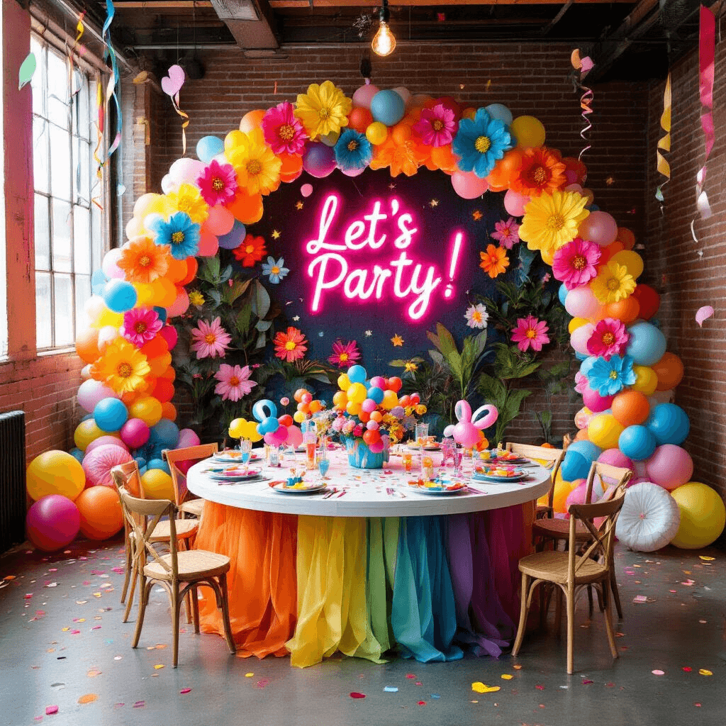 Overhead view of a colorful kids' birthday party in a modern loft, featuring a circular table with vibrant place settings and balloon animal centerpieces, surrounded by rainbow balloon arches, a glowing neon sign 'Let's Party!', a balloon-decorated wall with large paper flowers, and scattered streamers and confetti.