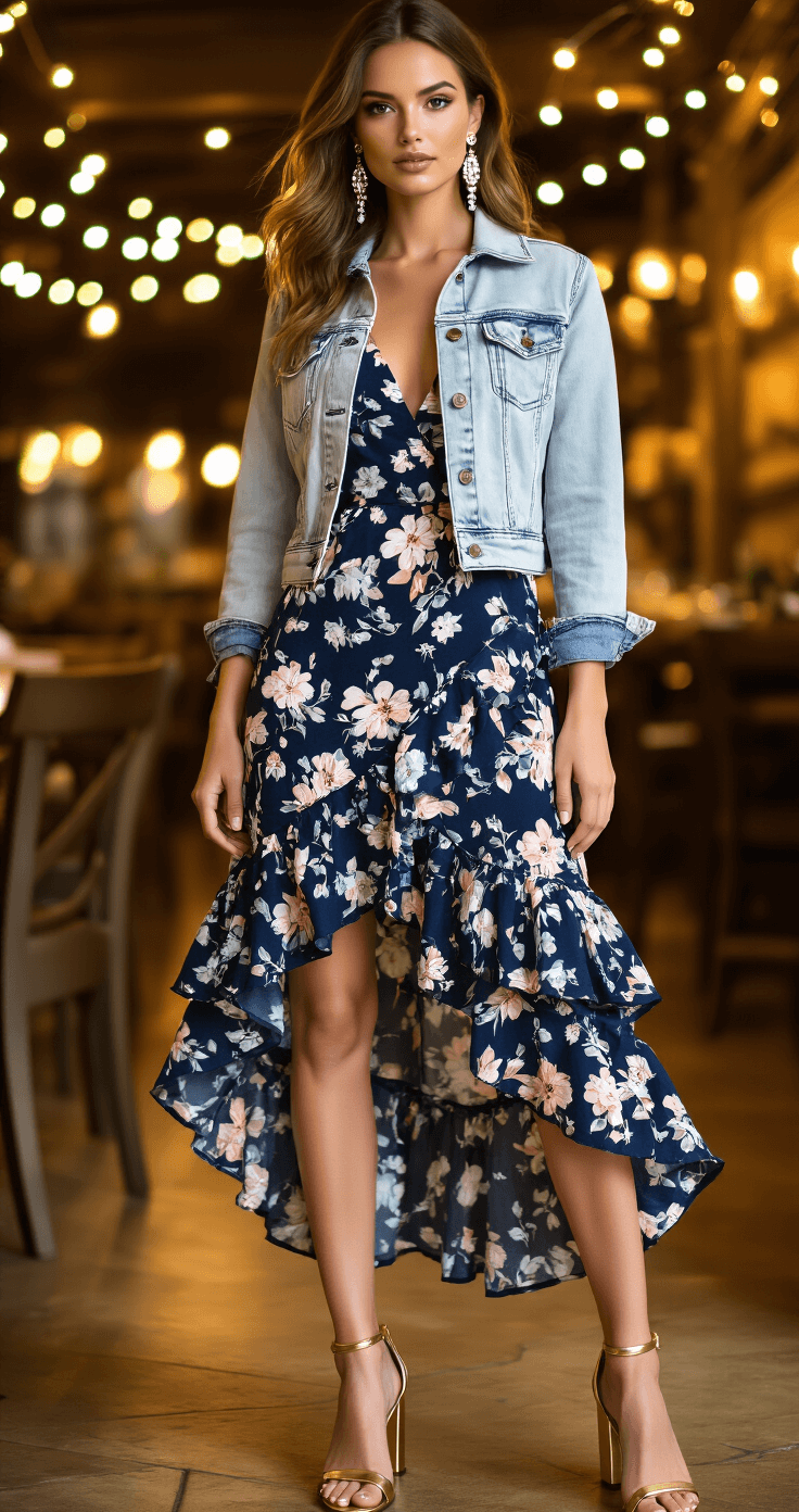 Dimly lit upscale restaurant interior showcasing a model in a navy floral sundress with cascading ruffles, paired with a light wash denim jacket and crystal drop earrings, complemented by gold block heel sandals, with a cozy ambiance highlighted by string lights in soft bokeh.