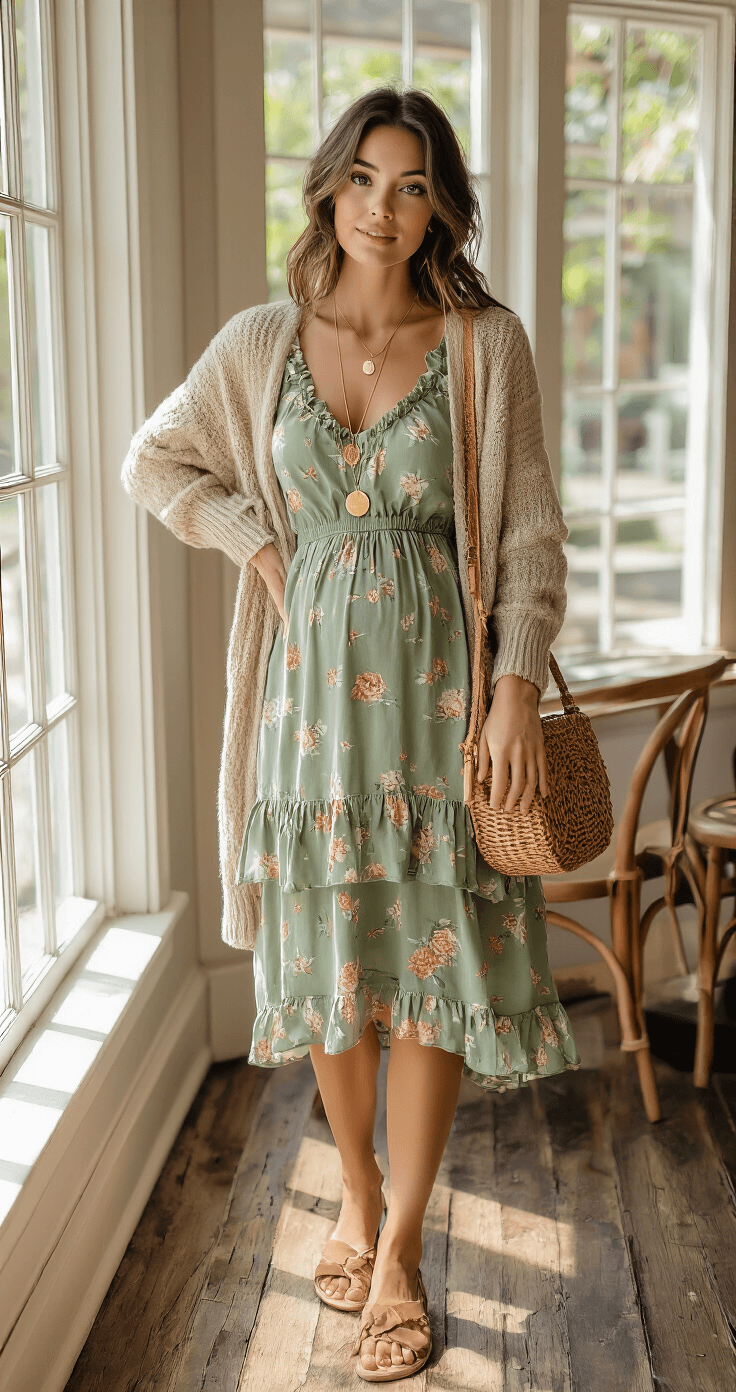 A cozy cafe corner illuminated by natural light features a person wearing a sage green floral sundress layered with an oatmeal cardigan, accessorized with a delicate gold pendant necklace and a woven rattan crossbody bag, shot from above against weathered wooden floors.