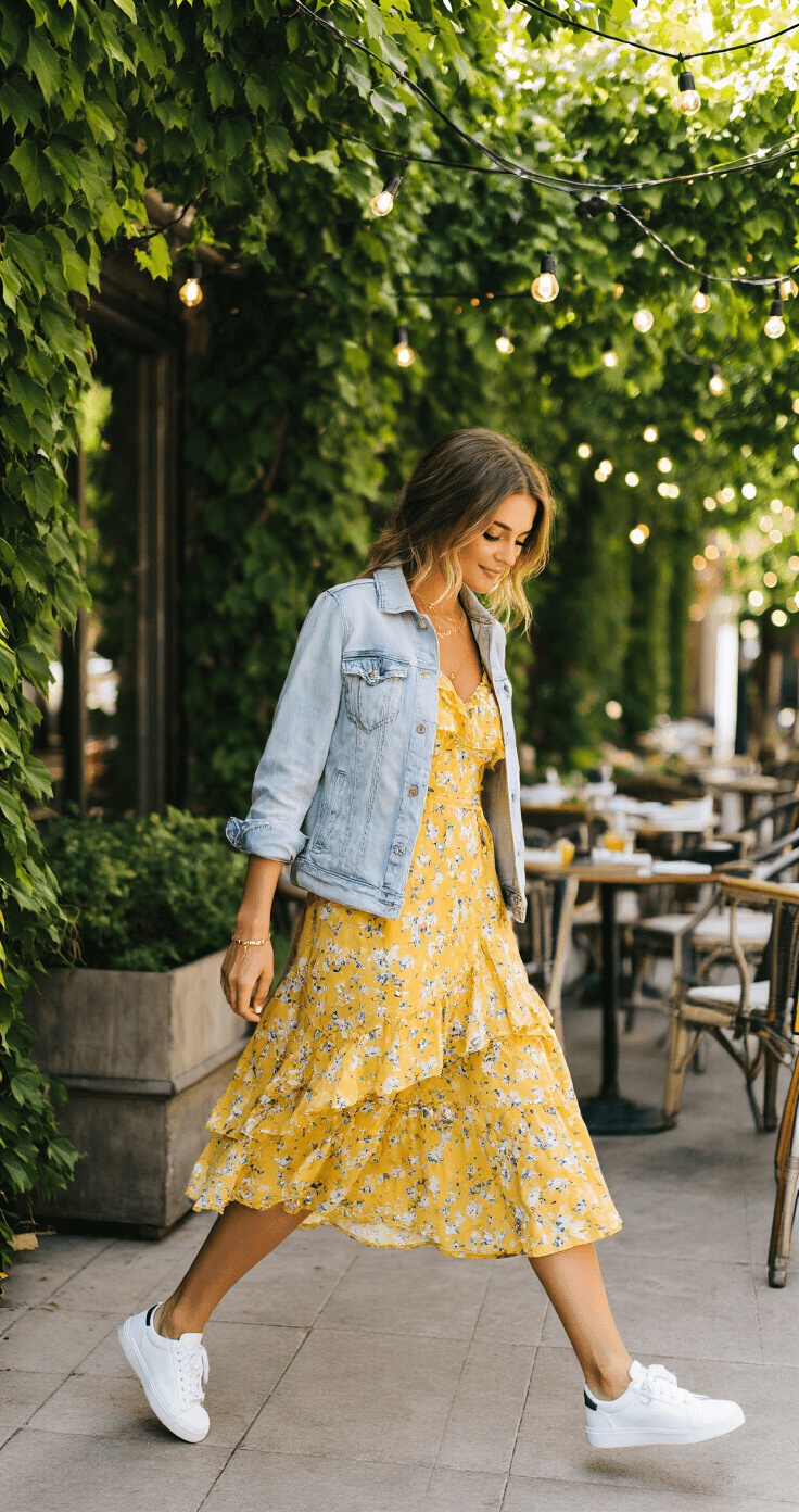 A woman in a yellow floral ruffle sundress, white leather sneakers, and a light wash denim jacket strolls on a sunlit outdoor brunch patio adorned with climbing ivy and string lights, her minimal gold jewelry glinting in the light, as her dress flows with movement against a softly blurred background.