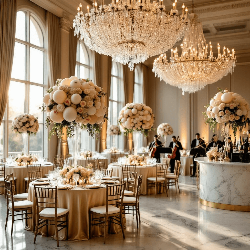 Elegant wedding reception in a hotel ballroom, with champagne silk-draped tables, towering flower balloon centerpieces, sparkling chandeliers, and a marble bar showcasing cocktails, all illuminated by golden hour light.