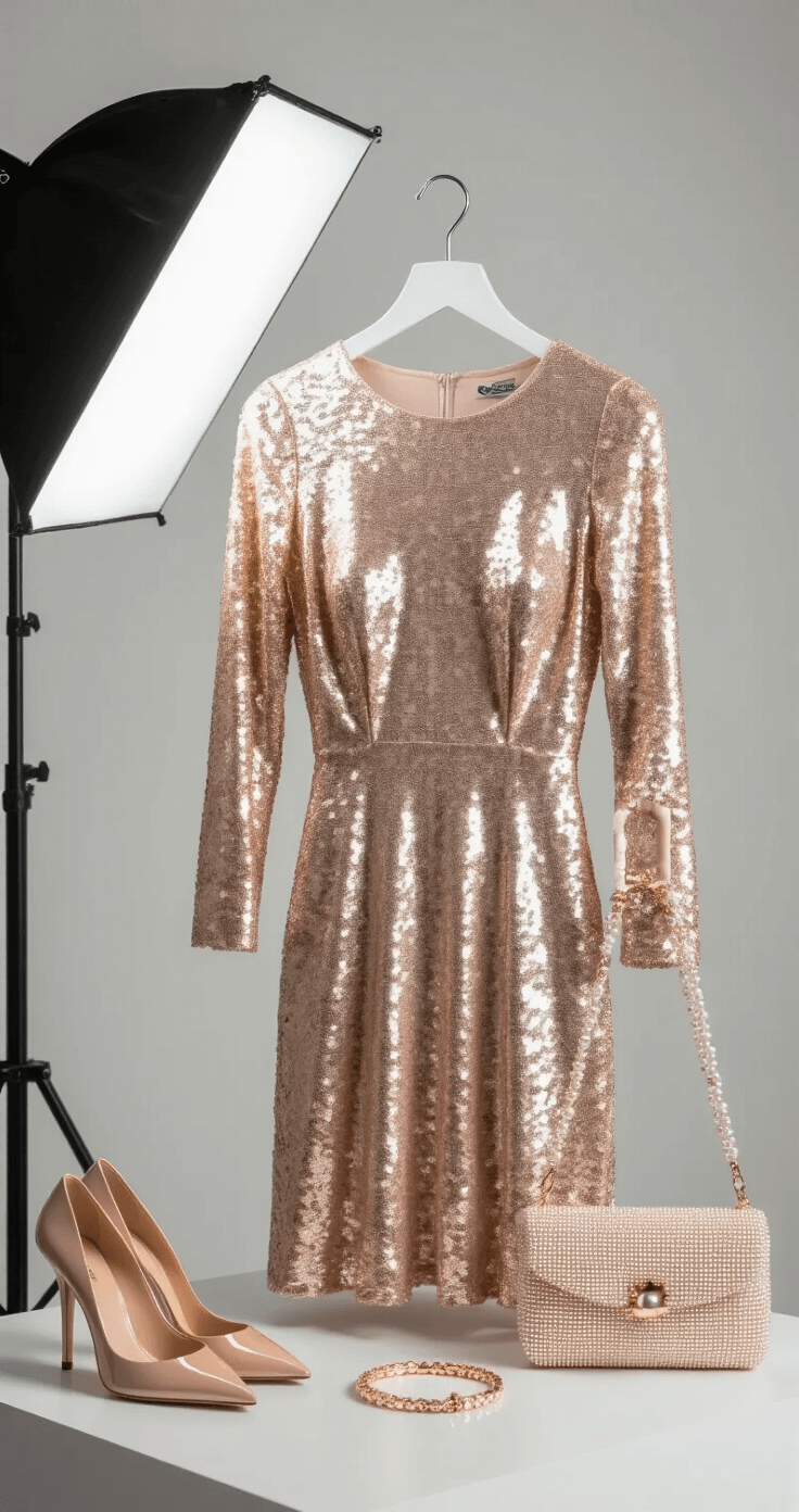 A minimalist white studio showcasing a rose gold sequined mini dress on a velvet hanger, surrounded by a delicate gold bracelet, nude patent leather pumps, and a pearl-embellished clutch, with macro shots emphasizing the sequin details and fabric quality.