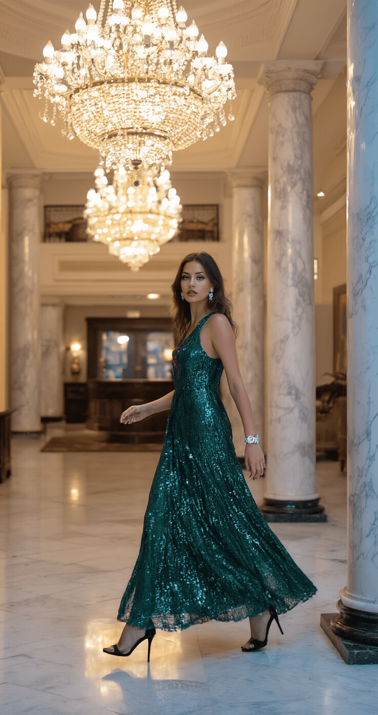 A model in an emerald green sequined dress, captured in motion near marble columns in a luxurious hotel lobby at blue hour, with black stilettos and minimalistic styling, illuminated by chandelier light to emphasize the dress's shine and movement.