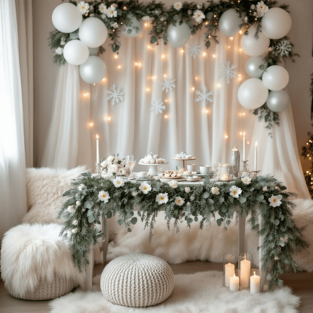 A cozy winter wonderland baby shower setup with a gift table decorated with eucalyptus garlands and white flower balloons, surrounded by seating with faux fur throws and knit poufs, under a backdrop of sheer drapes and snowflake balloon clusters, illuminated by fairy lights and candles.