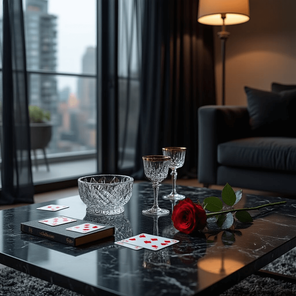 A modern apartment vignette featuring a black marble coffee table with a crystal ashtray, vintage champagne coupes, playing cards, and a single red rose. A blurred cityscape is visible through a floor-to-ceiling window, and a plush charcoal rug anchors the scene. Sheer black curtains billow gently, illuminated by dramatic shadows from a nearby floor lamp, creating a cinematic and moody atmosphere reminiscent of House of Balloons.