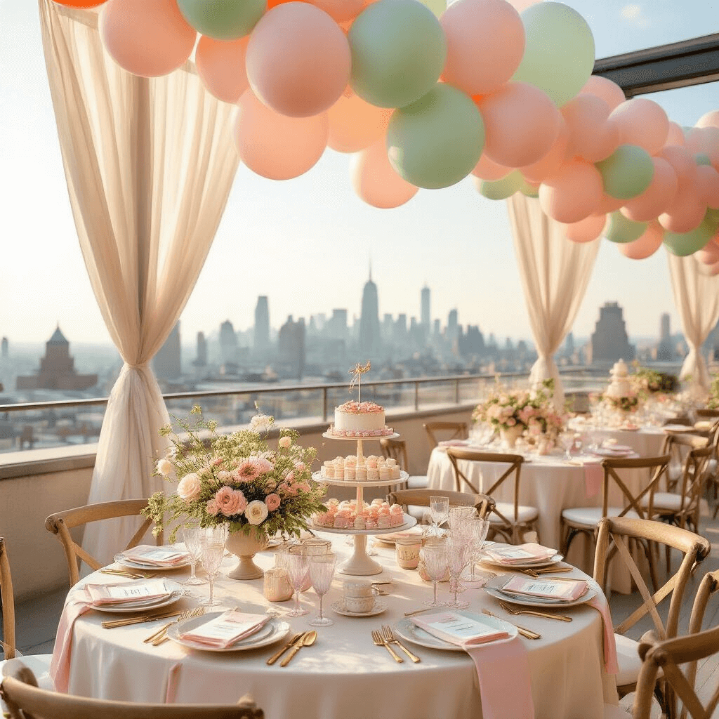 A vibrant rooftop terrace adorned for a whimsical birthday celebration, featuring pastel balloons, silk-draped tables with floral centerpieces, a dessert cart with tiered cakes, sheer drapery framing a city skyline, and elegant place settings with gold cutlery.
