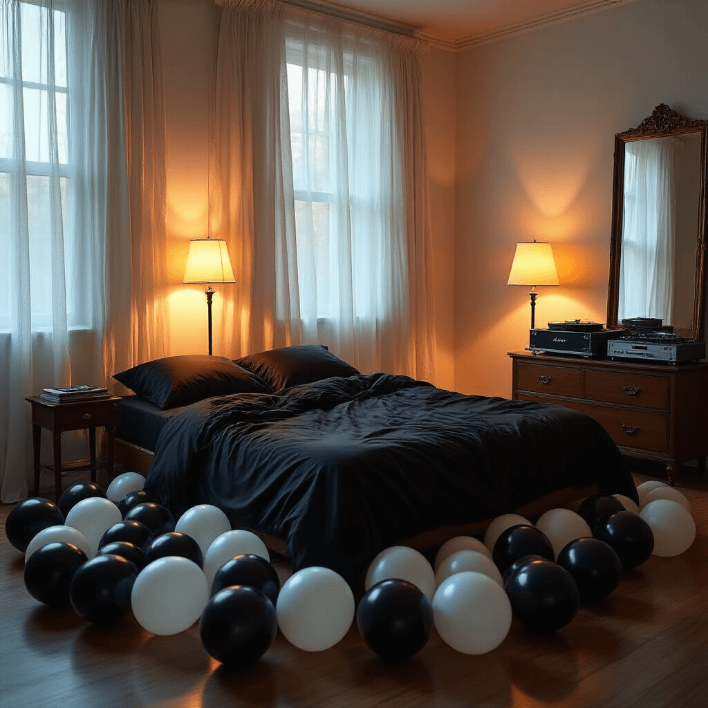 A dimly lit bedroom featuring a king-sized bed with rumpled black silk sheets, surrounded by black and white balloons. Warm light from a bedside lamp creates a cozy atmosphere, while a vintage record player on a dresser displays The Weeknd's vinyl. Floor-length mirrors reflect the balloons, enhancing the surreal ambiance. Sheer curtains filter the sunset light, casting elongated shadows across the room, evoking a blend of seduction and unease.