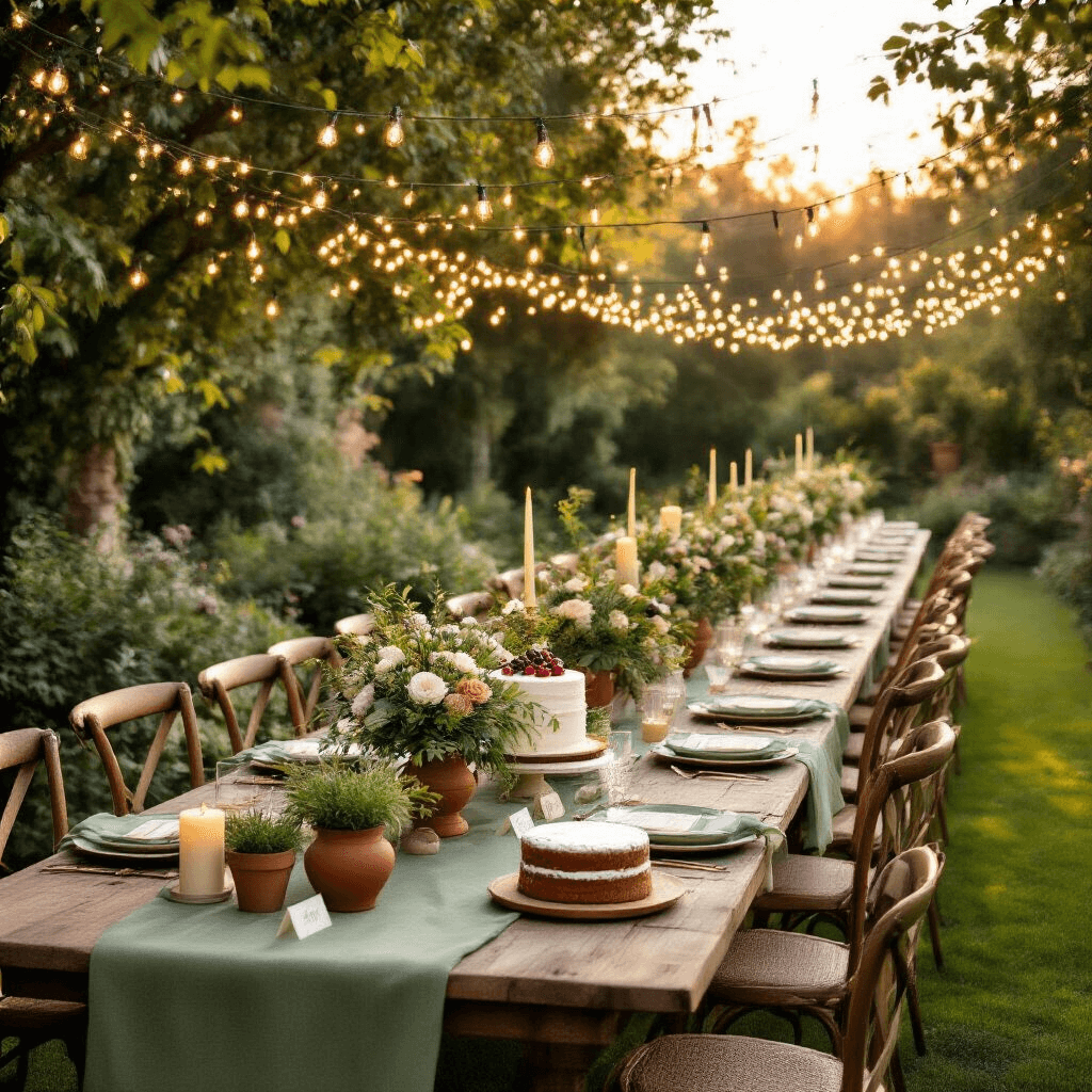 An enchanting garden party set during golden hour, featuring long farmhouse tables with sage green runners and terracotta accents, adorned with lush floral arrangements, potted herbs, and pillar candles under a canopy of fairy lights. Mismatched vintage chairs and personalized place cards on fresh lavender sprigs add charm, alongside a rustic dessert display with a naked cake topped with fresh figs and greenery, all captured from a low angle to highlight the warmth and natural textures.