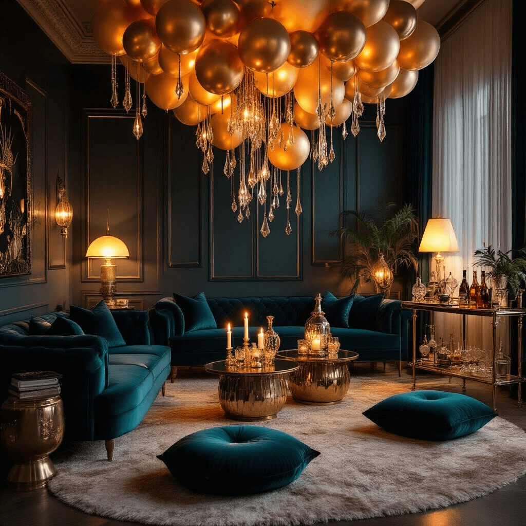 A luxurious living room transformed for an intimate cocktail soirée, featuring rich velvet furnishings in deep jewel tones, flickering candlelight, low tables with metallic accents, a cascading balloon installation in gold and ivory, plush floor cushions, a stylish bar cart, and moody lighting from Art Deco lamps, all creating a warm and opulent atmosphere.
