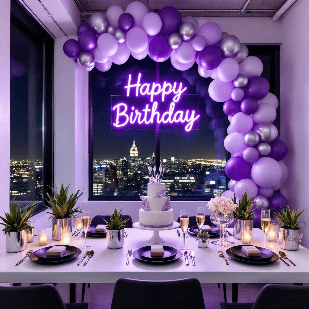 A chic birthday celebration in a modern loft features an ombré balloon arch, geometric centerpieces with air plants, a neon 'Happy Birthday' sign, a monochrome cake, and a stunning cityscape view through floor-to-ceiling windows, all captured from an elevated angle.