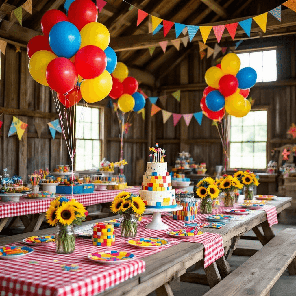 A vibrant and colorful barn interior decorated for a child's birthday party, featuring helium balloons, picnic tables with gingham cloths, whimsical centerpieces, a dessert station with a fondant cake, and playful DIY decorations.