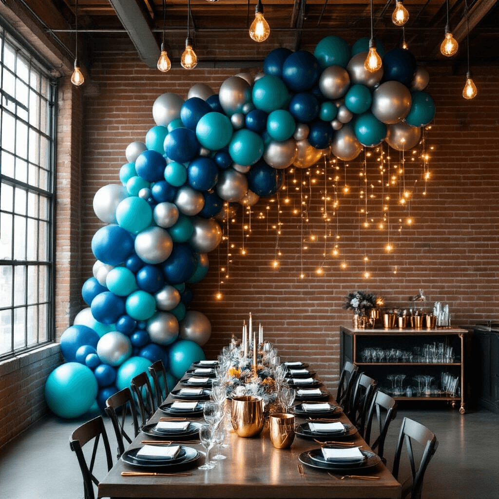 An indoor birthday celebration in a modern loft features a stunning floor-to-ceiling balloon installation in deep blue, teal, and silver, adorned with fairy lights. A long banquet table is set with matte black plates, gold cutlery, and crystal stemware, while warm Edison bulbs illuminate the space, and a stylish bar cart with copper mugs and a geometric ice bucket stands in the corner.
