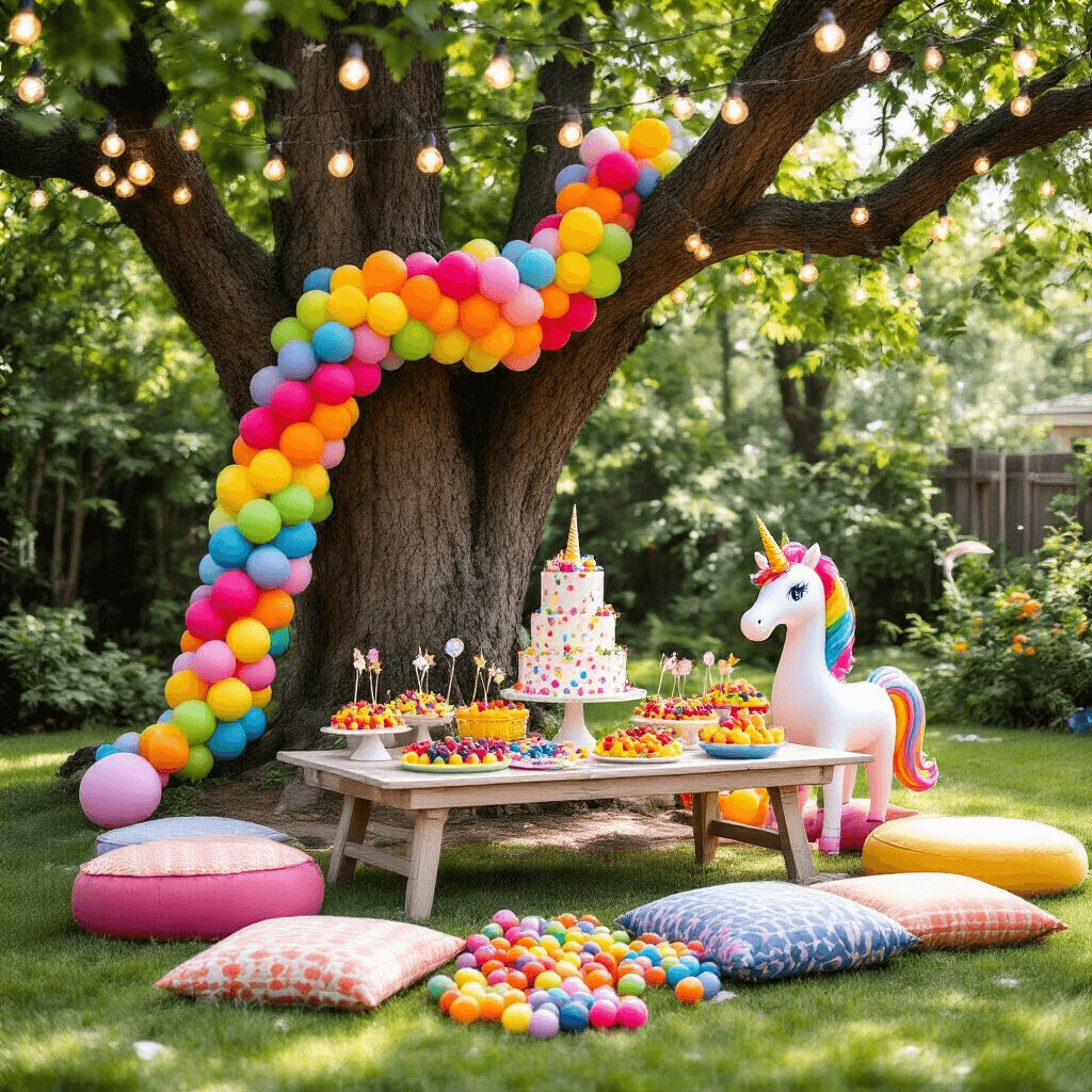 A whimsical children's party in a sunlit backyard, featuring a colorful balloon garland around a treehouse, a table with rainbow fruit skewers and a unicorn cake, playful yard games, a bubble machine, and string lights overhead.