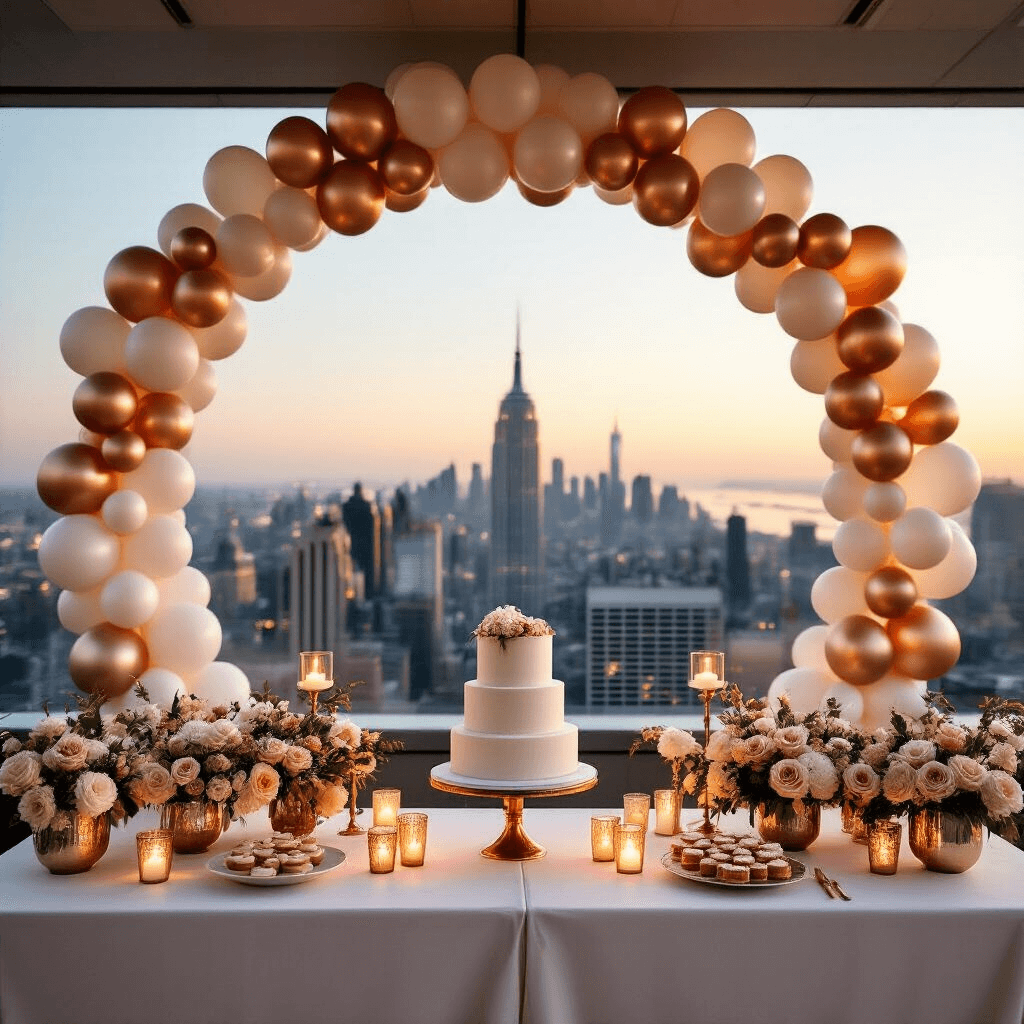 An elegant rooftop wedding reception at twilight featuring a crescent-shaped balloon installation in champagne, ivory, and rose gold, framing a stunning city skyline with sunset reflections, white linen-draped tables with tall floral centerpieces and candles, plus a dessert table with a naked cake and petit fours, illuminated by soft uplighting.