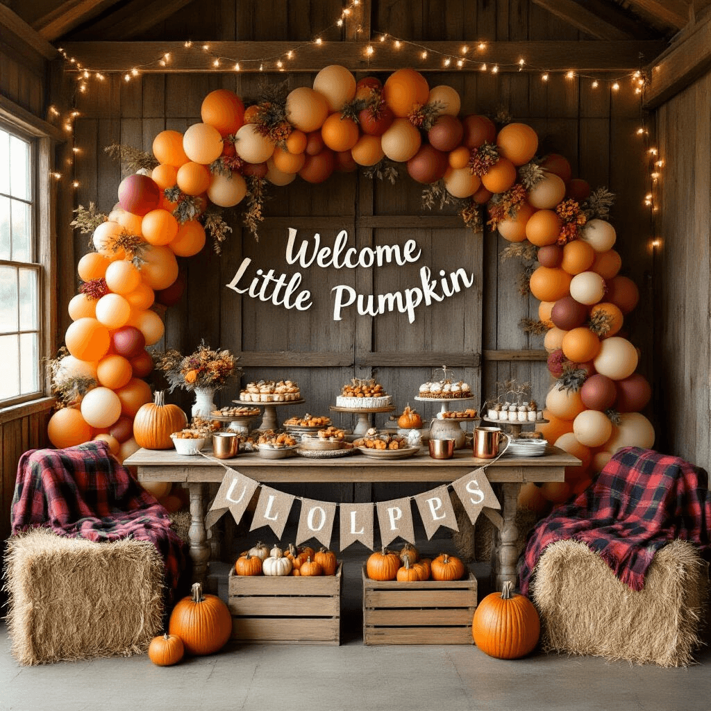 A cozy autumn-themed baby shower in a rustic barn, featuring a balloon arch in muted oranges and reds, a vintage farmhouse table with seasonal treats, wooden crates with mini pumpkins, plaid blankets on hay bale seating, a burlap banner saying 'Welcome Little Pumpkin', twinkling fairy lights, and a hot chocolate station with copper mugs.