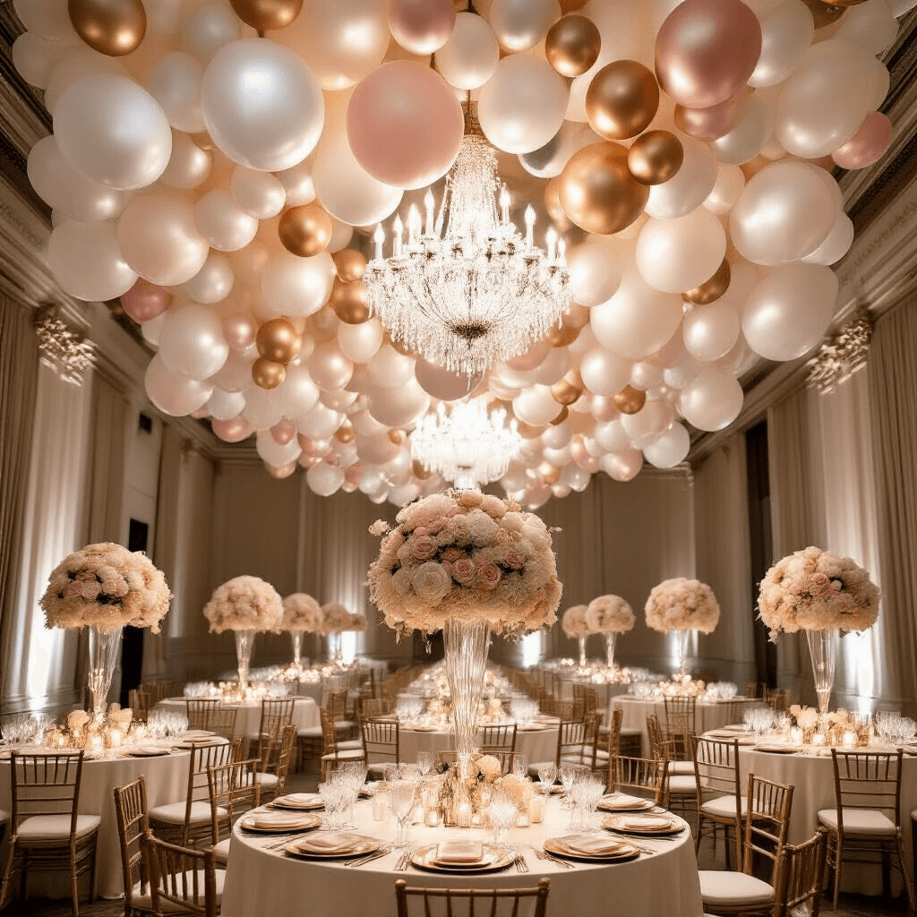 A luxurious ballroom featuring a cascading installation of pearlescent white, blush pink, and champagne gold balloons, illuminated by soft uplighting, with round tables dressed in ivory silk linens and tall floral centerpieces, all under a sunset backdrop shining through expansive windows.