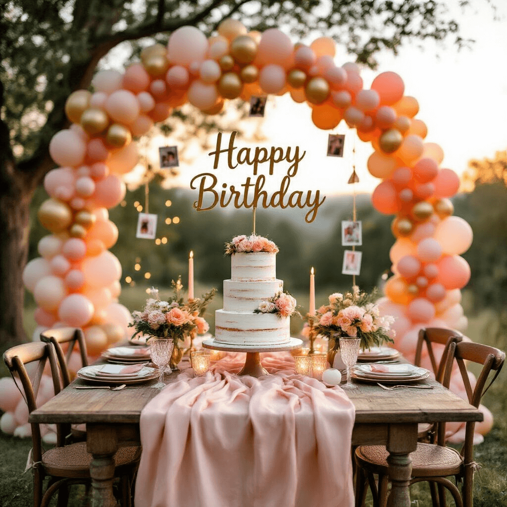 A whimsical outdoor birthday celebration featuring a rustic wooden table with a blush pink silk tablecloth, surrounded by mismatched vintage chairs. An organic balloon arch in peach, coral, and gold frames the scene, while a three-tier naked cake adorned with fresh flowers and a gold 'Happy Birthday' topper sits on the table. Scattered crystal candle holders emit a warm glow, and fairy lights twinkle in the background. A DIY Polaroid photo display hangs from a nearby tree, showcasing cherished memories.